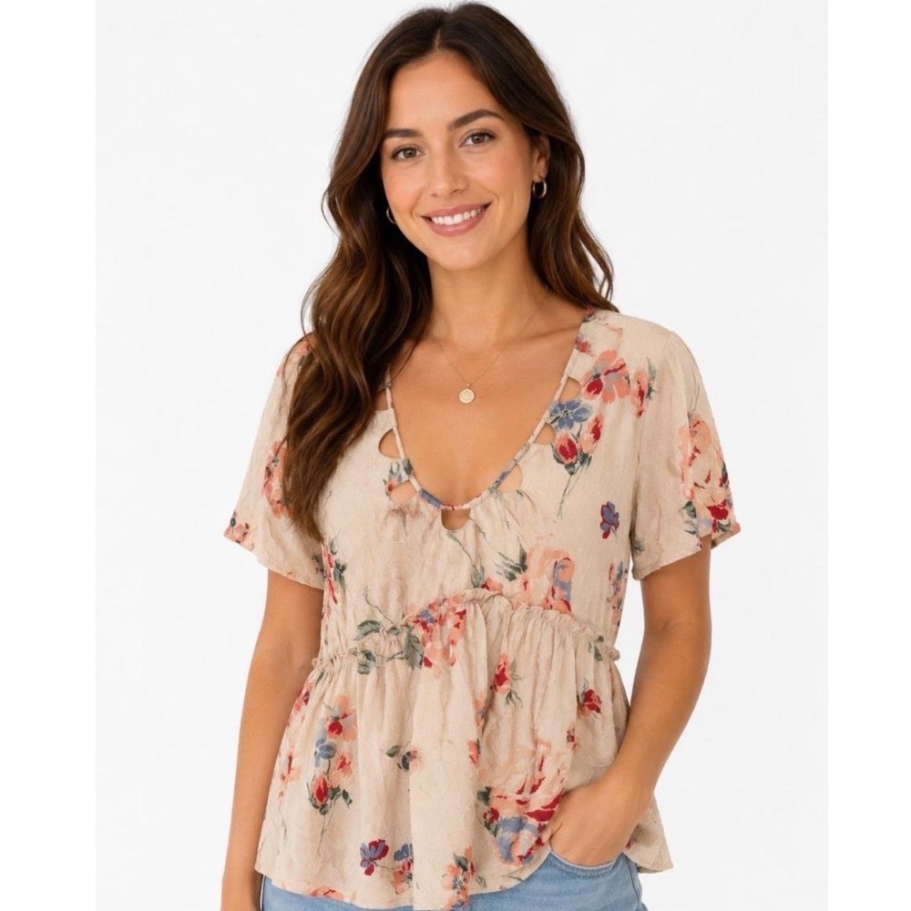 Luckyβ Brand Womens 2X Ivory Floral Peplum Blouse Cutout Neck Boho Short Sleeve